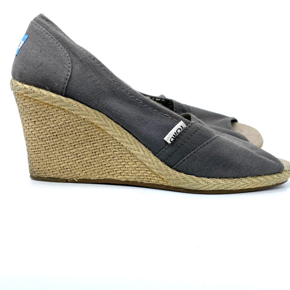 Toms Wedge Sandals Womens 9.5 Gray Classic Espadrille Cork Peep Toe Heels Shoes - Picture 4 of 9